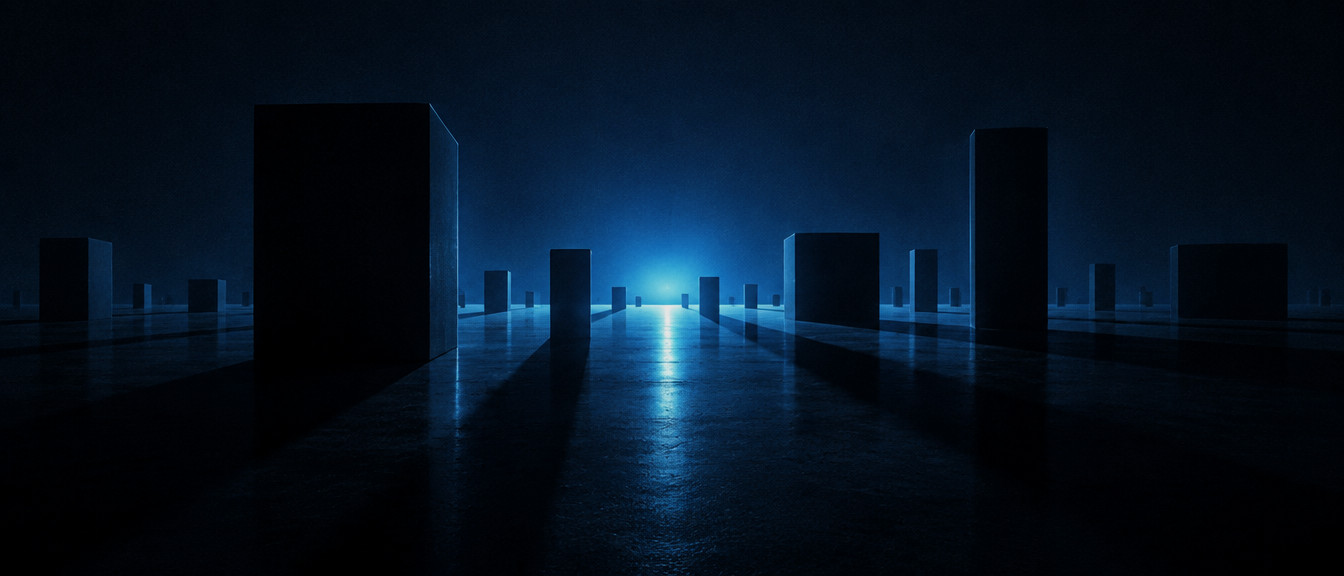 Unmarked blocks of many different sizes standing on a dark floor, each throwing a long shadow toward a single distant light